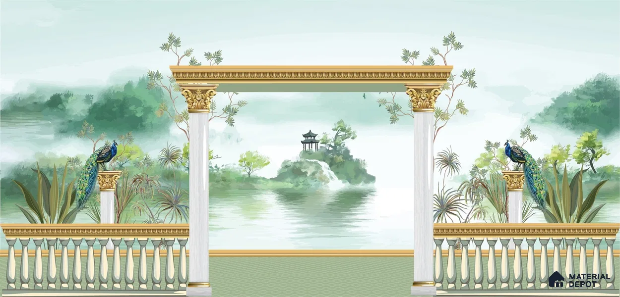 Watercolor Garden Arch Wallpaper with Peacock Mountain Lake and Serene Landscape | WP 05261 Canvas | 250 GSM WP01CNF Paper | (MOQ = 30 Sq. Ft.)