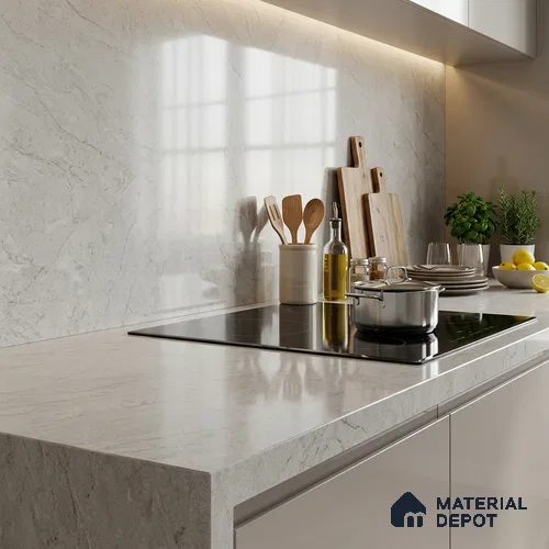 Plain Counter Top Slab TL 12643 Crystal White 8 ft x 2.62 ft White Full Body Vitrified Glossy Finish - 15 mm | Suitable For Counter Top, Dining Table Top & Window Frame