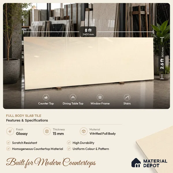 Cement Look Counter Top Slab TL 11529 F Strong Stone Nut 8 ft x 2.6 ft Full Body Vitrified Glossy Finish - 15 mm | Suitable For Counter Top, Dining Table Top & Window Frame