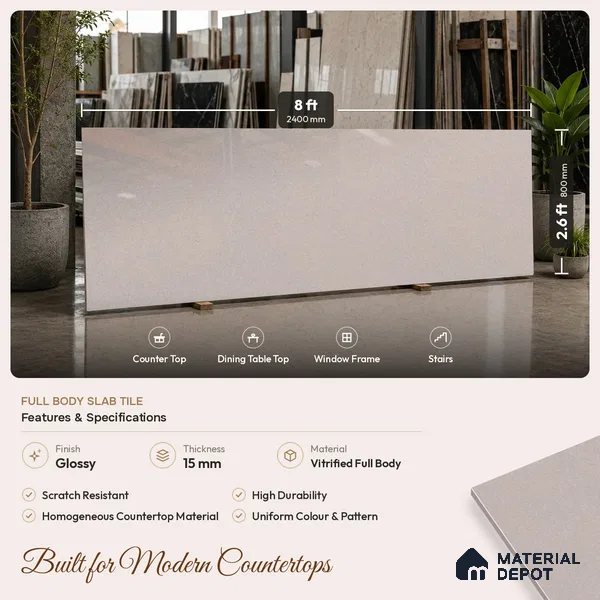 Stone Look Counter Top Slab TL 11529 L Strong Stone Burk 8 ft x 2.6 ft Full Body Vitrified Glossy Finish - 15 mm | Suitable For Counter Top, Dining Table Top & Window Frame