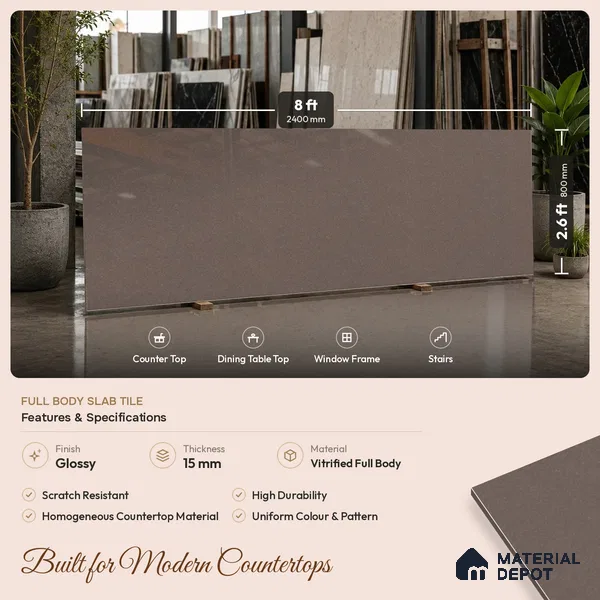 Stone Look Counter Top Slab TL 11529 N Strong Stone Notella 8 ft x 2.6 ft Full Body Vitrified Glossy Finish - 15 mm | Suitable For Counter Top, Dining Table Top & Window Frame