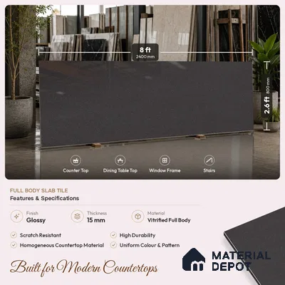 Stone Look Counter Top Slab TL 11529 P Strong Stone Black 8 ft x 2.6 ft Full Body Vitrified Glossy Finish - 15 mm | Suitable For Counter Top, Dining Table Top & Window Frame