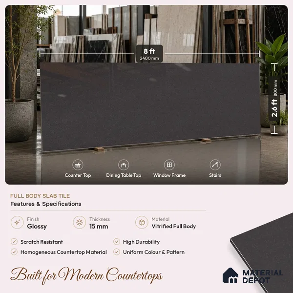 Stone Look Counter Top Slab TL 11529 P Strong Stone Black 8 ft x 2.6 ft Full Body Vitrified Glossy Finish - 15 mm | Suitable For Counter Top, Dining Table Top & Window Frame