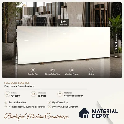 Plain Counter Top Slab TL 11529 Strong Stone White 8 ft x 2.6 ft Full Body Vitrified Glossy Finish - 15 mm | Suitable For Counter Top, Dining Table Top & Window Frame