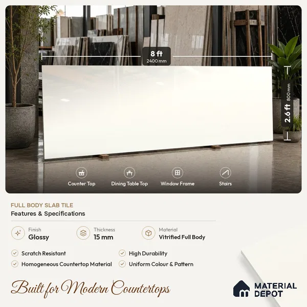 Plain Counter Top Slab TL 11529 Strong Stone White 8 ft x 2.6 ft Full Body Vitrified Glossy Finish - 15 mm | Suitable For Counter Top, Dining Table Top & Window Frame