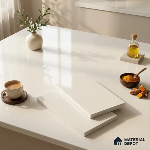Plain Counter Top Slab TL 11529 Strong Stone White 8 ft x 2.6 ft Full Body Vitrified Glossy Finish - 15 mm | Suitable For Counter Top, Dining Table Top & Window Frame