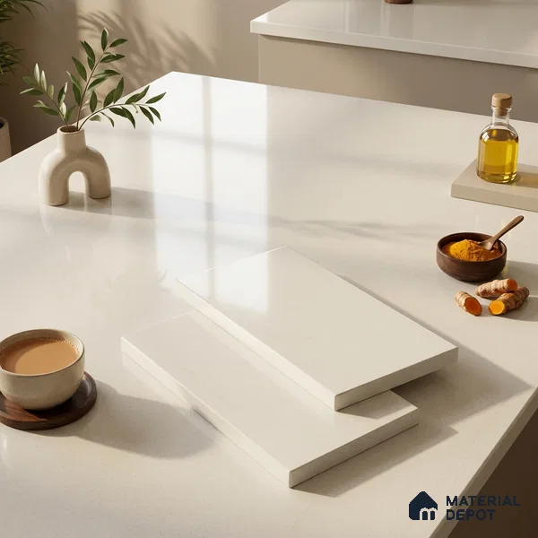 Plain Counter Top Slab TL 11529 Strong Stone White 8 ft x 2.6 ft Full Body Vitrified Glossy Finish - 15 mm | Suitable For Counter Top, Dining Table Top & Window Frame