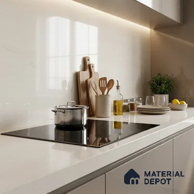 Plain Counter Top Slab TL 11529 Strong Stone White 8 ft x 2.6 ft Full Body Vitrified Glossy Finish - 15 mm | Suitable For Counter Top, Dining Table Top & Window Frame