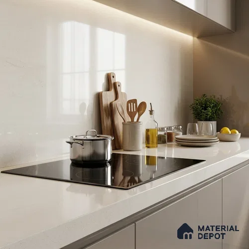 Plain Counter Top Slab TL 11529 Strong Stone White 8 ft x 2.6 ft Full Body Vitrified Glossy Finish - 15 mm | Suitable For Counter Top, Dining Table Top & Window Frame