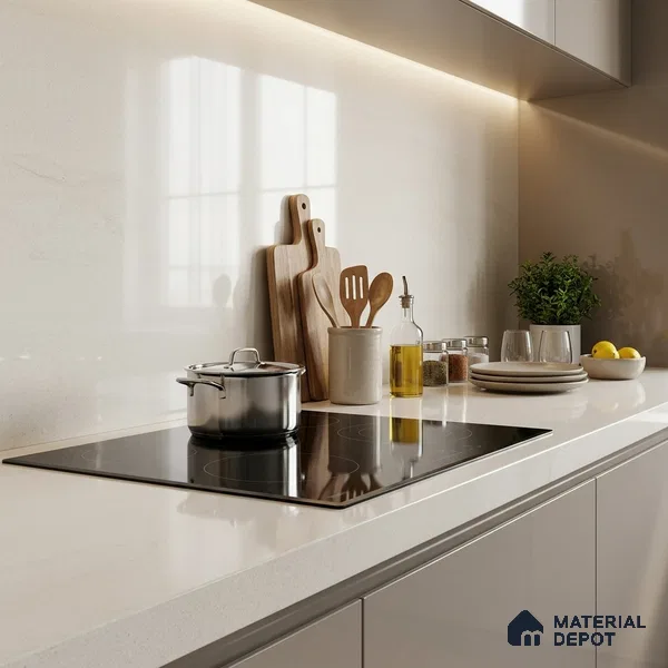 Plain Counter Top Slab TL 11529 Strong Stone White 8 ft x 2.6 ft Full Body Vitrified Glossy Finish - 15 mm | Suitable For Counter Top, Dining Table Top & Window Frame