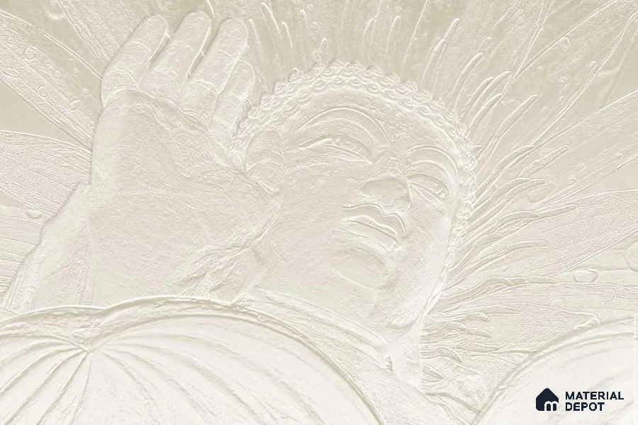 Gesture of Infinite Compassion Mystic Stone Buddha | WP 04097 Non Woven Matte Finish Indian Style Premium Customized size Wallpaper | 150 GSM WP01MTF Paper | (MOQ = 30 Sq. Ft.)