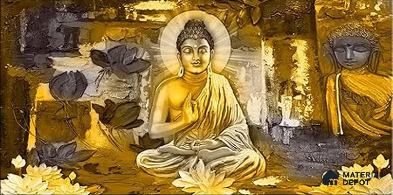 Radiance of the Enlightened Buddha At Meditation | WP 04099 B Canvas Texture Finish Indian Style luxurious Customized size Wallpaper | 250 GSM WP01CNF Paper | (MOQ = 30 Sq. Ft.)