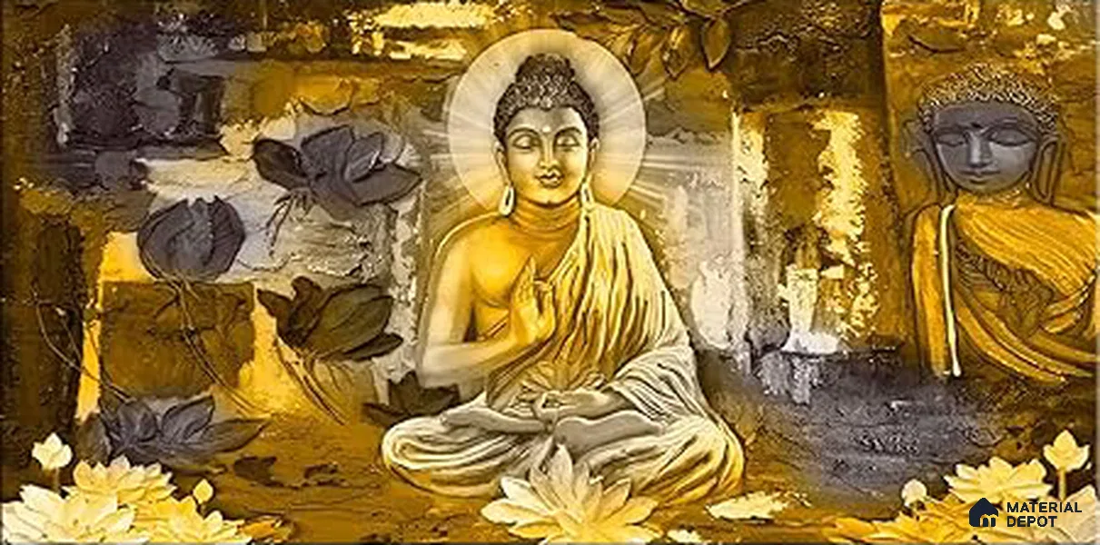 Radiance of the Enlightened Buddha At Meditation | WP 04099 B Canvas Texture Finish Indian Style luxurious Customized size Wallpaper | 250 GSM WP01CNF Paper | (MOQ = 30 Sq. Ft.)