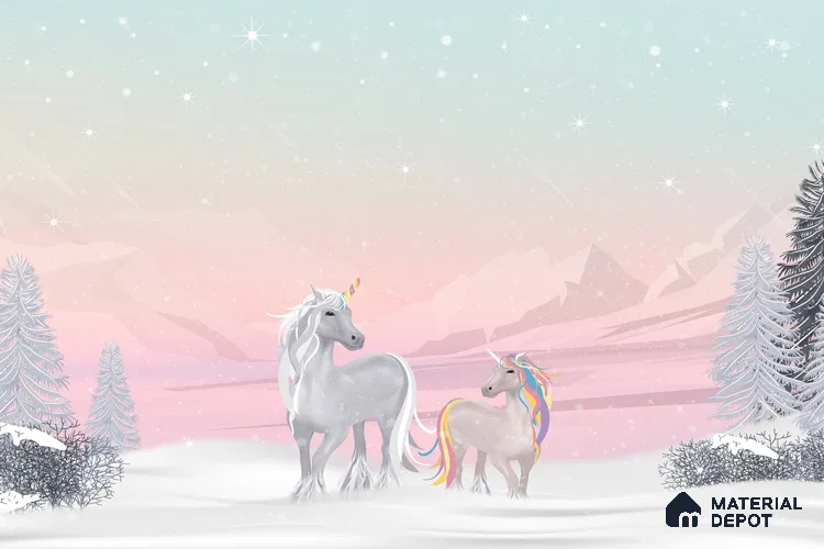 Winter Holiday Scene Wallpaper with a Magical Unicorn in Falling Snow Wallpaper | Material Depot