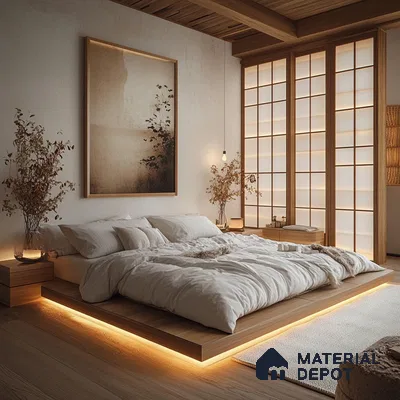 Bedroom Design with Floral Wall Art and Natural Wood Accents Purva Zenium Airport Road | Material Depot