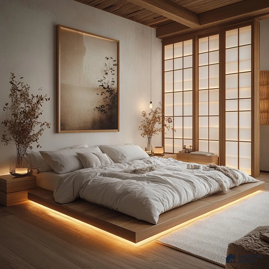 Bedroom Design with Floral Wall Art and Natural Wood Accents Purva Zenium Airport Road | Material Depot