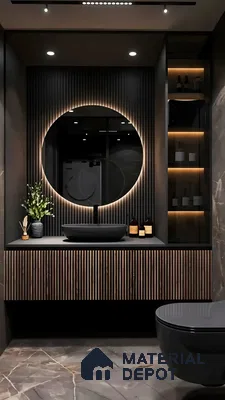  Elegant Dark Bathroom With Round Mirror | Material Depot