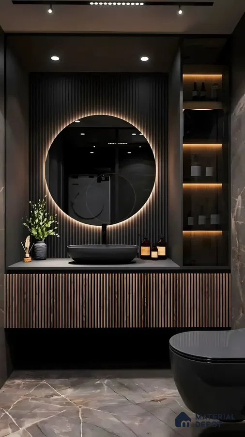  Elegant Dark Bathroom With Round Mirror | Material Depot