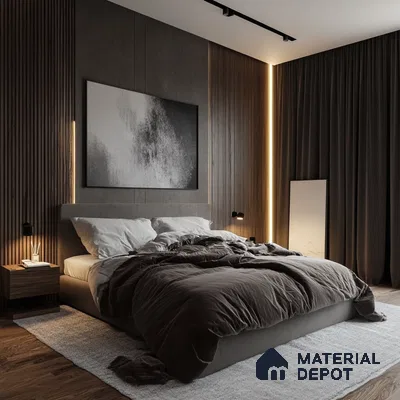 Modern Dark Bedroom Design with Textured Walls and Dark Fluted Panel Embassy Springs Devanahalli | Material Depot