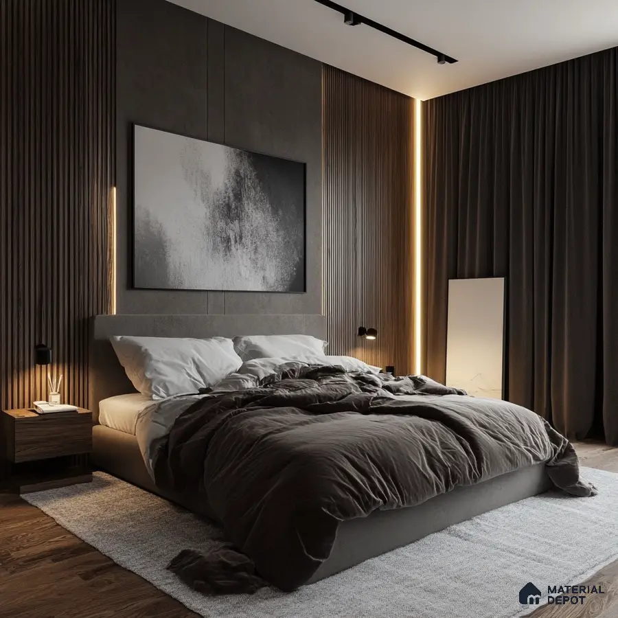 Modern Dark Bedroom Design with Textured Walls and Dark Fluted Panel Embassy Springs Devanahalli | Material Depot