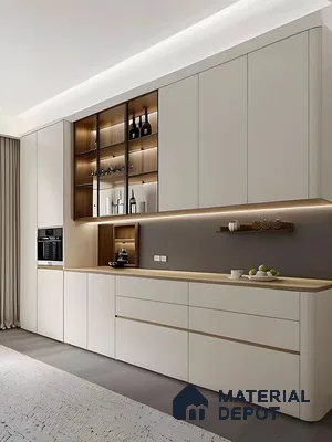  Modern Kitchen With Matte Beige Laminates, Wooden Countertops & Backlit Display Shelves | Material Depot