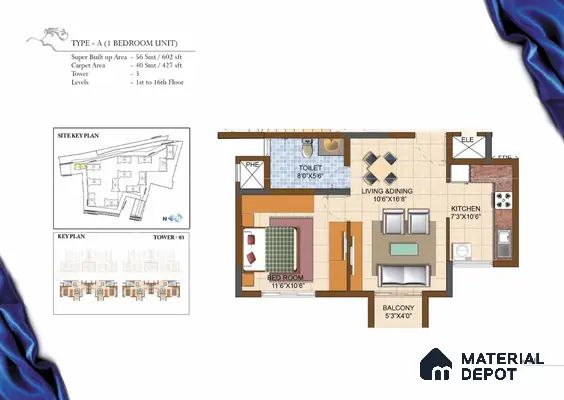 1BHK Type-1 Apartment Floor Plan with 1 Toilet in Prestige Royal Garden, Doddaballapur | Material Depot