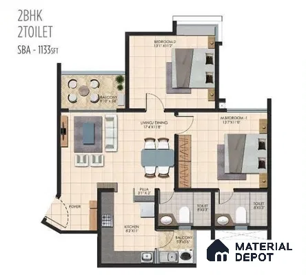 2BHK apartment floor plan with 2 toilets in Durga Petals Marathahalli Bengaluru | Material Depot