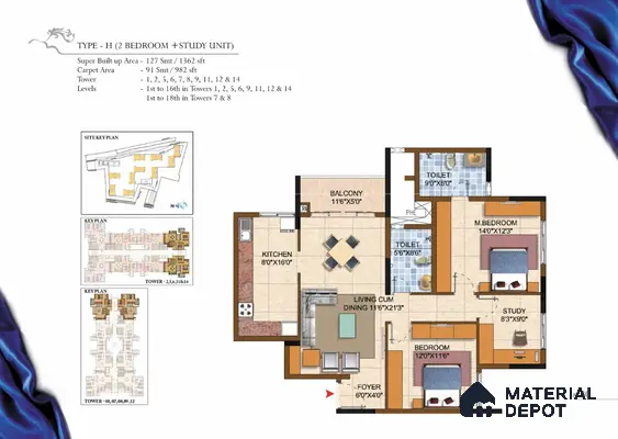 2.5BHK Type-2 Apartment Floor Plan with 2 Toilets in Prestige Royal Garden Doddaballapur | Material Depot