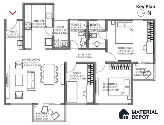 2BHK Apartment Floor Plan with 2 Toilets in Godrej Air Whitefield Bengaluru | Material Depot