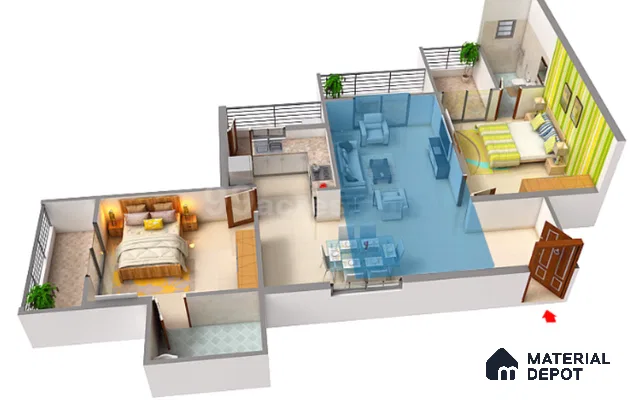 2BHK Apartment Floor Plan with 2 Toilets in Prestige Monte Carlo Yelahanka | Material Depot