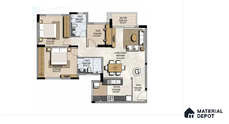 2BHK type 1 Apartment Floor Plan with 2 Toilets in prestige misty waters hebbal | Material Depot