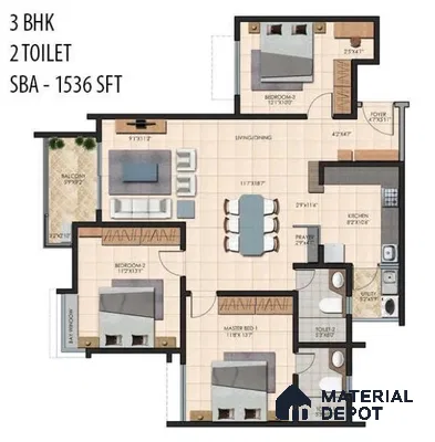 3BHK apartment floor plan with 2 toilets in Durga Petals Marathahalli Bengaluru | Material Depot