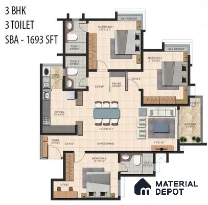3BHK apartment floor plan with 3 toilets in Durga Petals Marathahalli Bengaluru | Material Depot