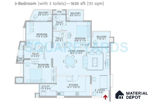 3BHK Apartment Floor Plan with 3 Toilets – 1630 sqft, Brigade Metropolis Mahadevpura Whitefield | Material Depot