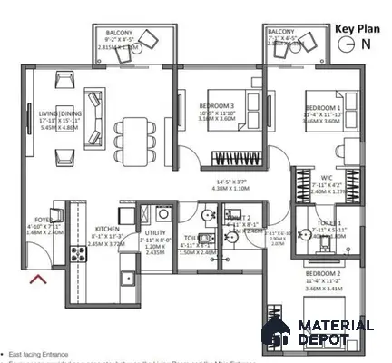 3BHK Apartment Floor Plan with 3 Toilets in Godrej Air Whitefield Bengaluru | Material Depot