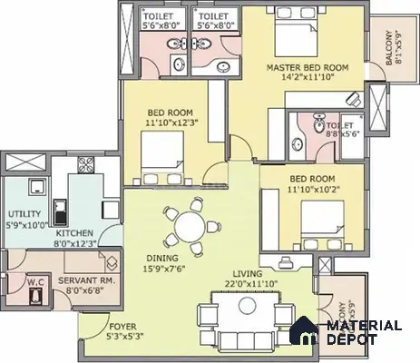 3BHK Apartment Floor Plan with 3 Toilets in Prestige Kensington Gardens Jalahalli | Material Depot