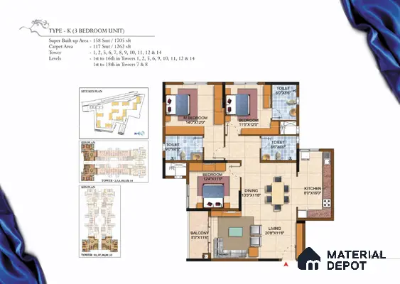3BHK Apartment Floor Plan with 3 Toilets in Prestige Royal Garden Doddaballapur | Material Depot