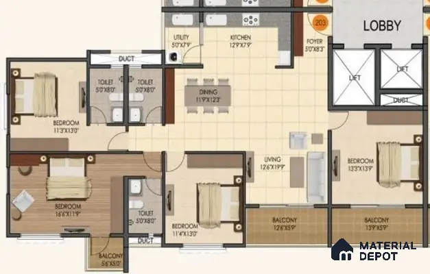 3BHK Apartment Floor Plan with Utility and Dining Space – 1630 sqft, Sumadhura Silver Ripples Whitefield | Material Depot