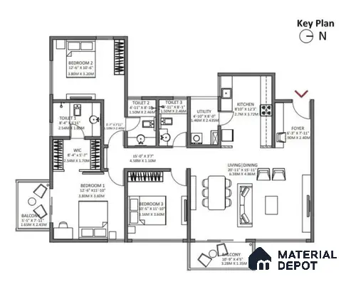 3BHK TYPE 2 Apartment Floor Plan with 3 Toilets in Godrej Air Whitefield Bengaluru | Material Depot