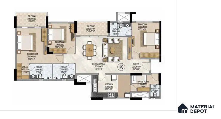 3BHK Type 2 Apartment Floor Plan with 3 Toilets in Prestige Misty Waters Hebbal | Material Depot