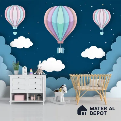 A close-up of a 3D Hot Air Wallpaper for Kids Room , Customised Sparkla N Shine Series 3D Design (Customised Size Wallpaper) with a finish available at Material Depot in Bangalore