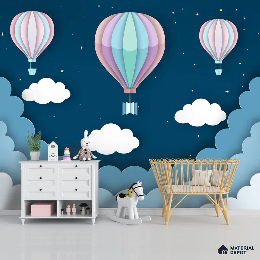 A close-up of a 3D Hot Air Wallpaper for Kids Room , Customised Sparkla N Shine Series 3D Design (Customised Size Wallpaper) with a finish available at Material Depot in Bangalore