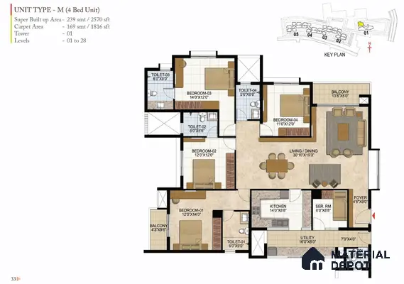 4BHK Apartment Floor Plan with 4 Toilets in Prestige West Woods Devanahalli | Material Depot