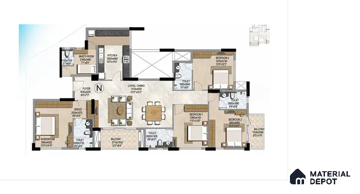 4BHK Type 2 Apartment Floor Plan with 4 Toilets in Prestige Misty Waters Hebbal | Material Depot