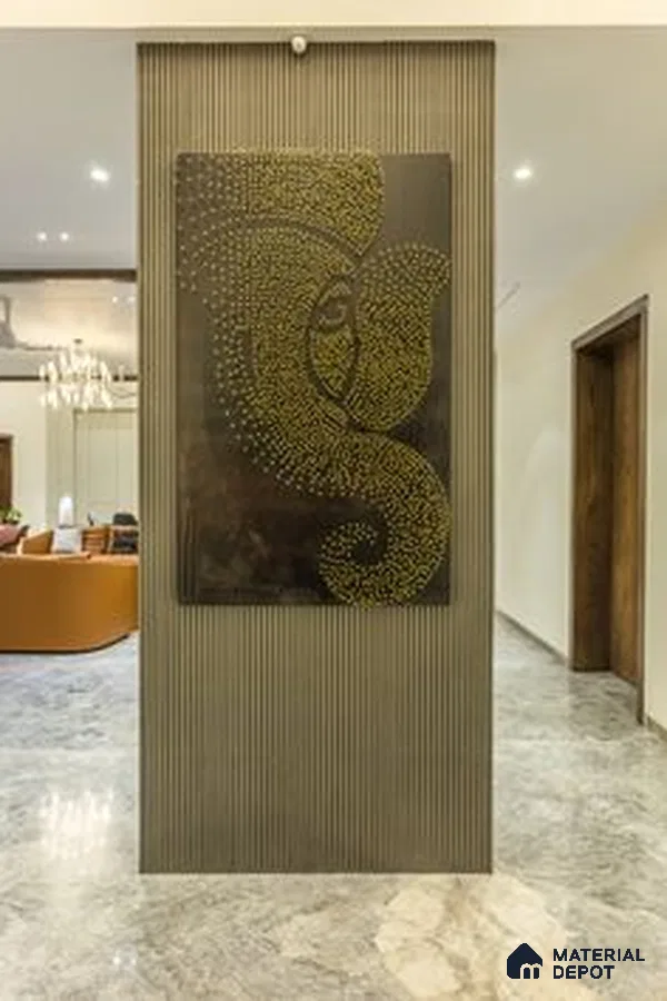 A bathroom with a large tub in the middle of the room and two windows overlooking the city at night time area, next to a window filled with lots of the wall above it and lights hanging from the