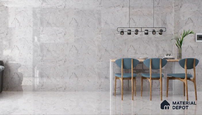 Modern dining room with marble walls and blue chairs | Material Depot