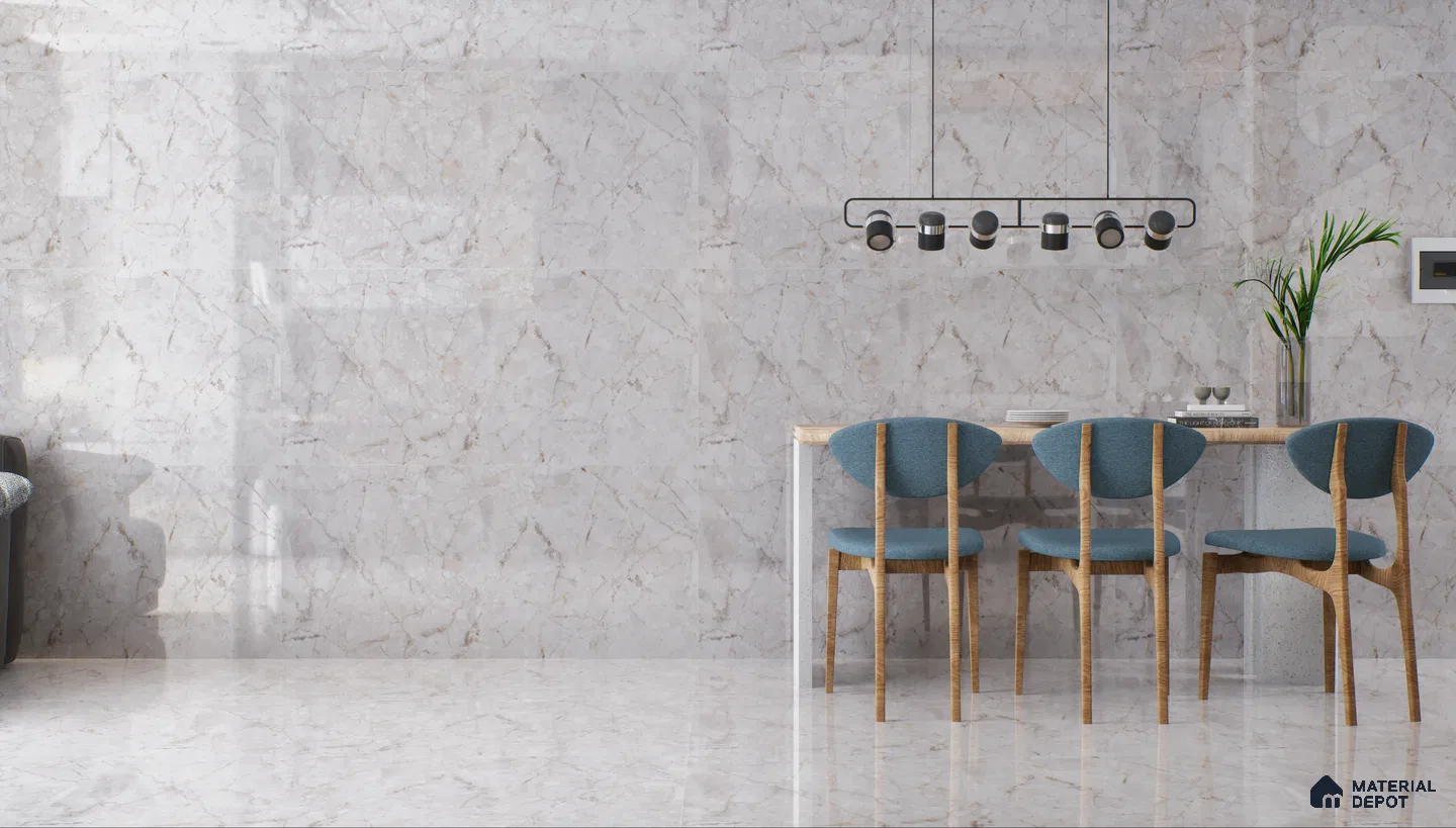 Modern dining room with marble walls and blue chairs | Material Depot