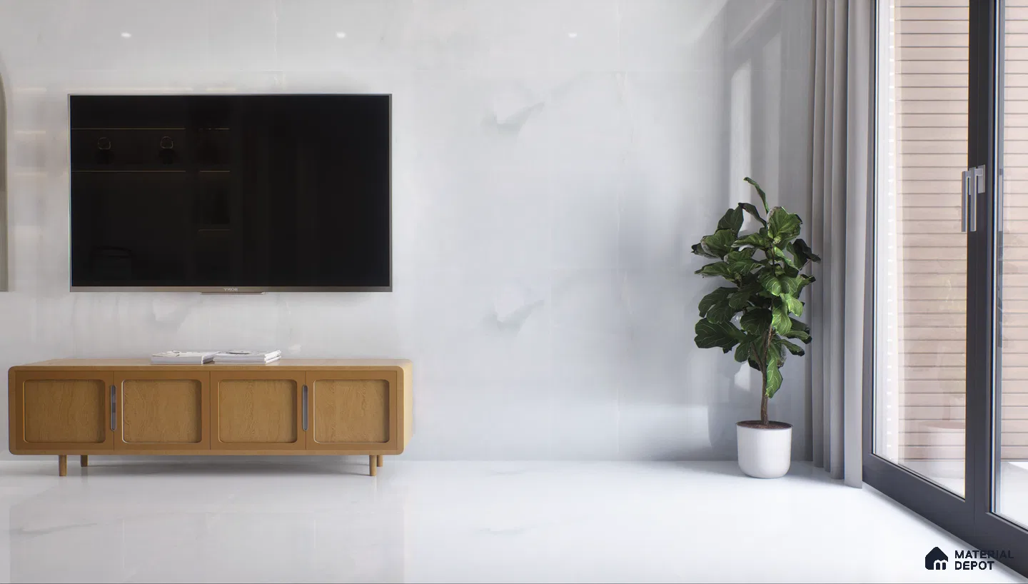 Minimalist living room with TV and wooden console | Material Depot