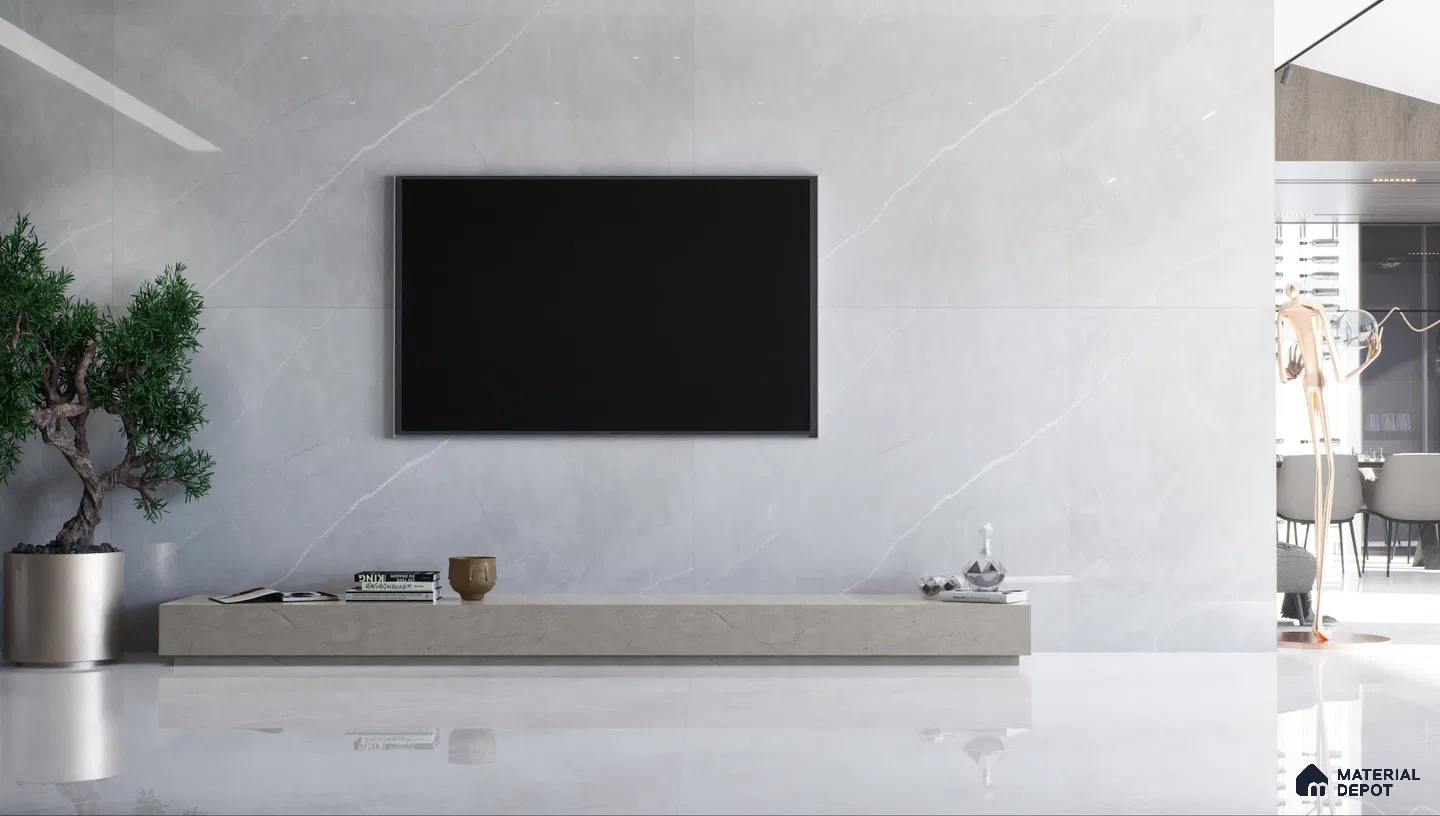 Minimalist living room with large TV and low console | Material Depot
