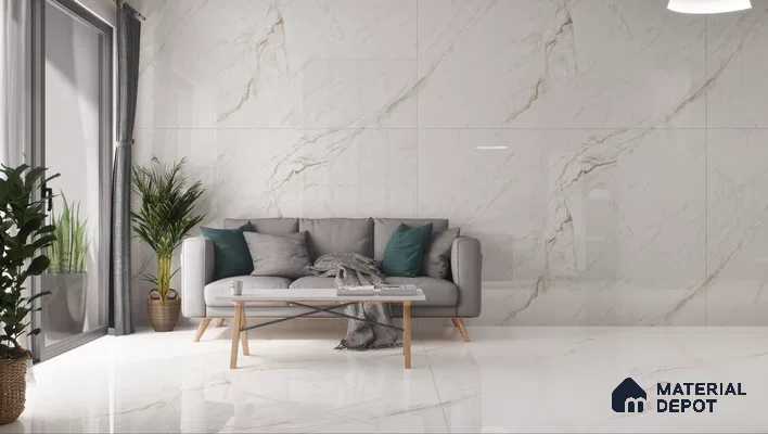 Modern living room with marble walls and grey sofa | Material Depot
